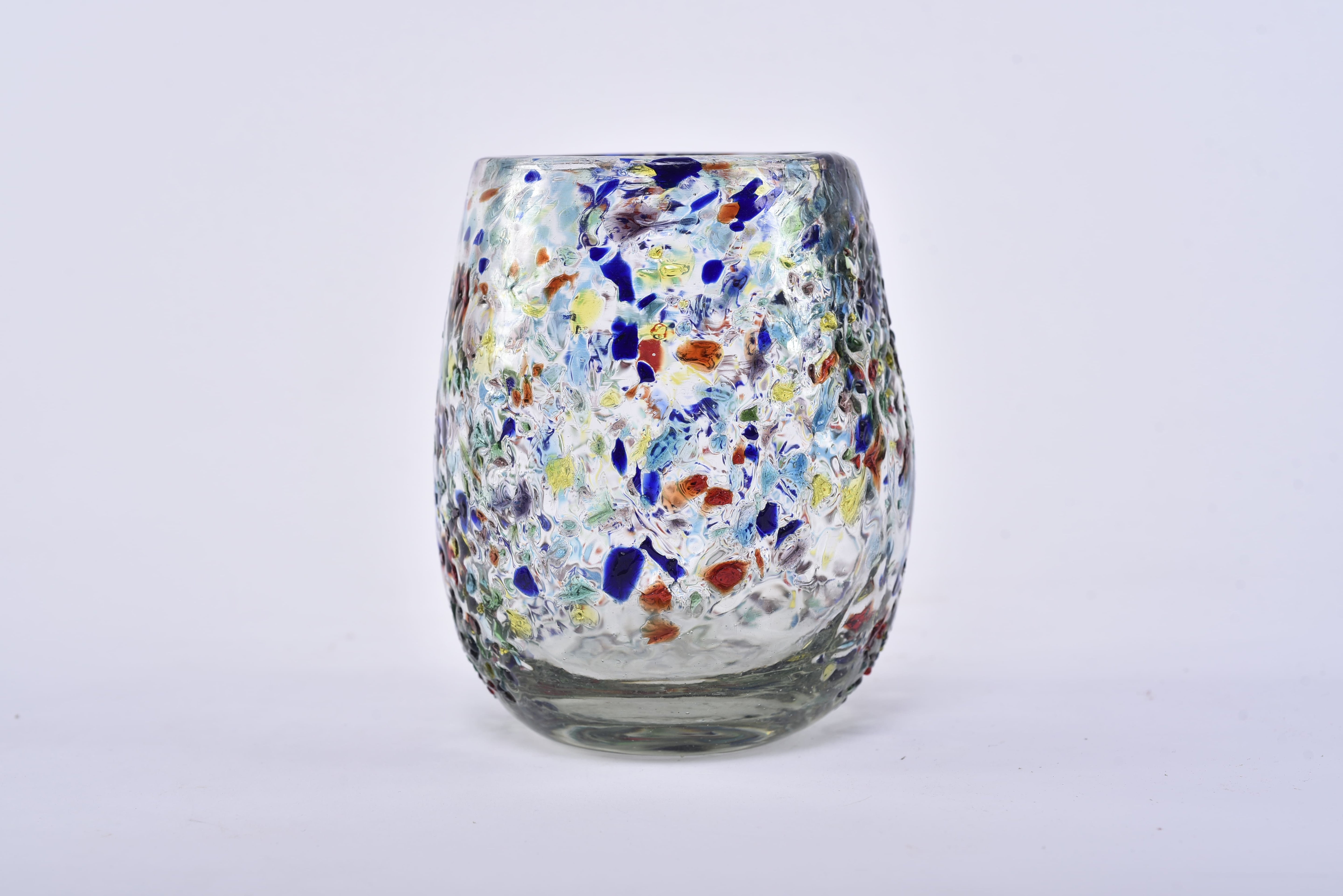 Hand-blown glass tumblers with decorative art