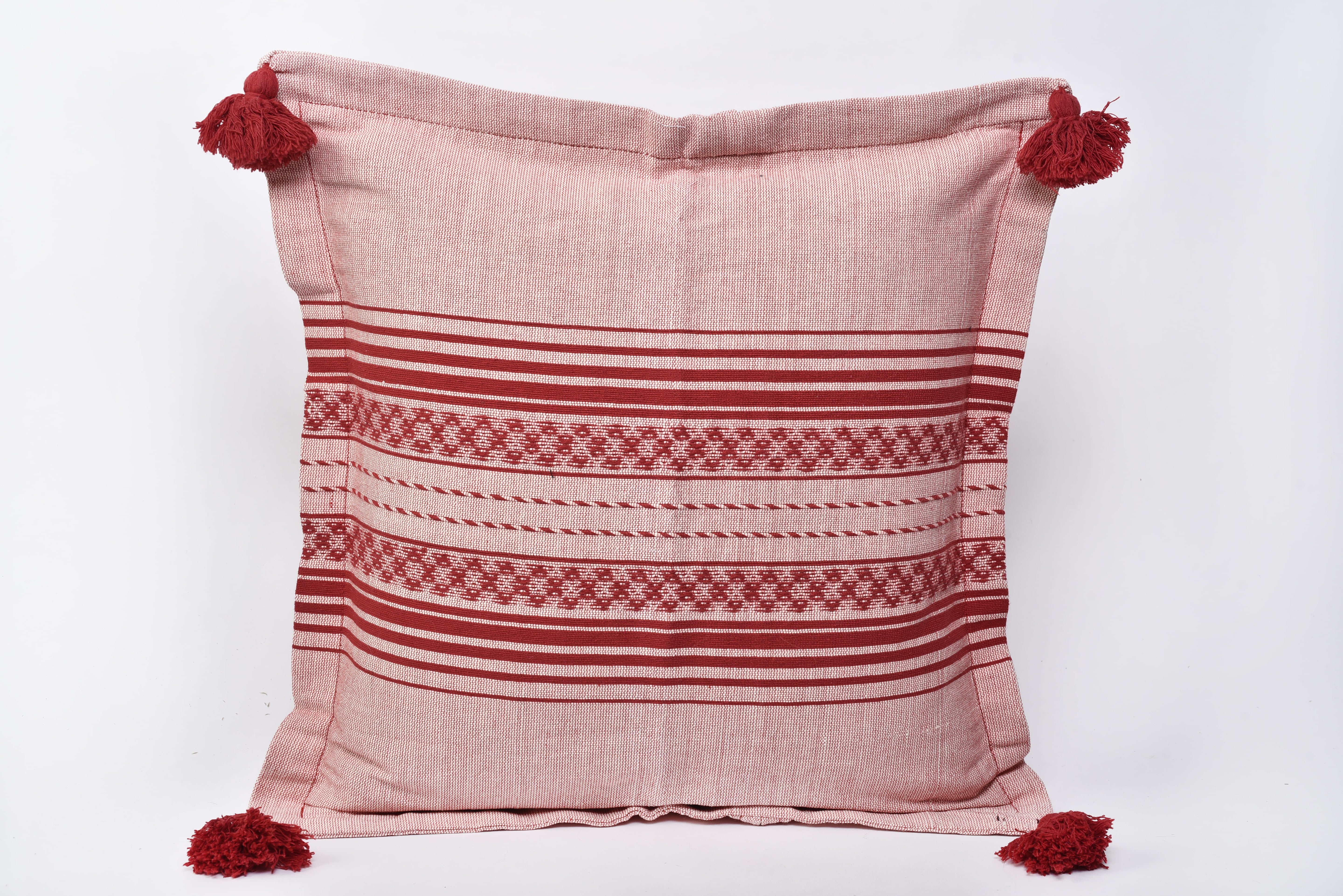 Handwoven cotton throw pillow covers with tassels — RED MODEL# 0429, GREEN MODEL# 0425, WHITE MODEL# 042