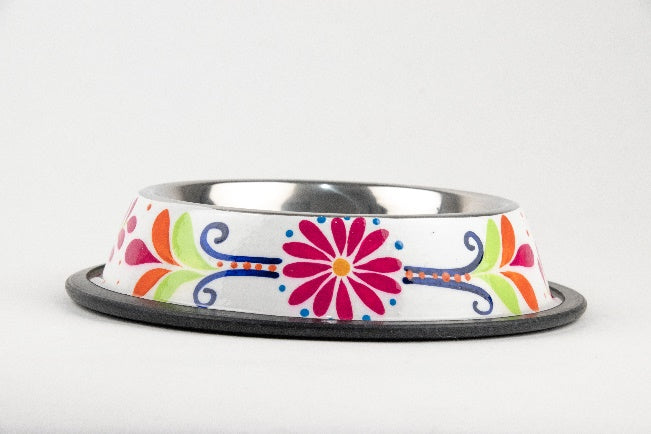 Hand-painted stainless steel pet dish flowery pink white MODEL# 030406