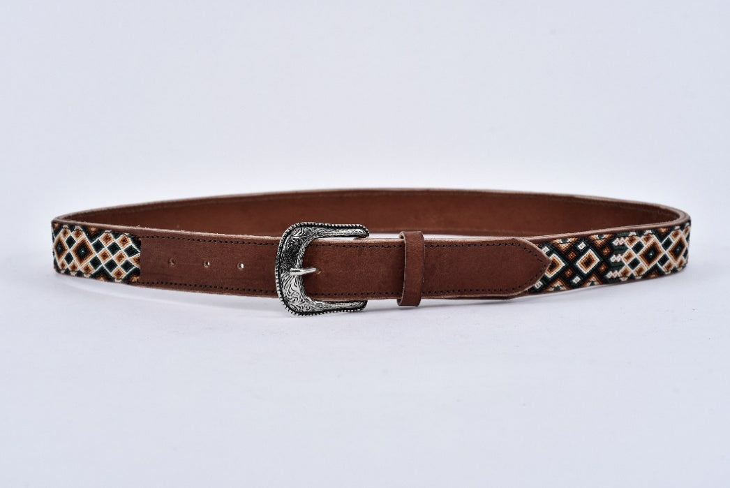 Engraved leather belt coffee beige green size 32 MODEL# 0801-CBG-32