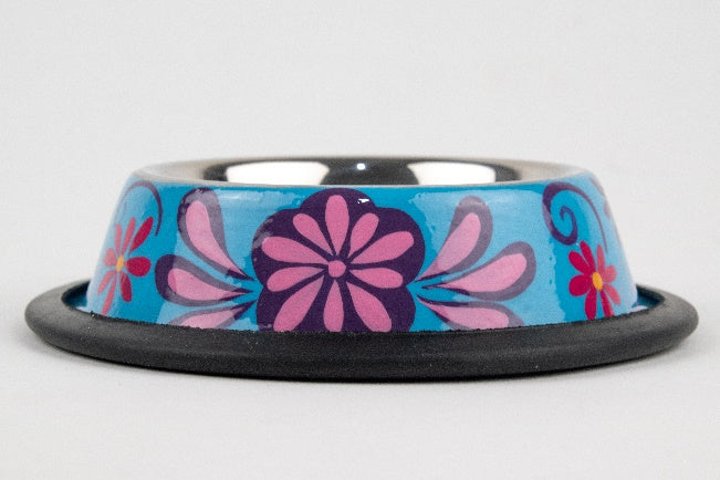 Hand-painted stainless steel pet dish blue pink MODEL# 030401