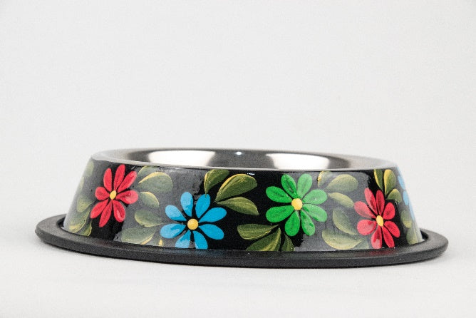 Hand-painted stainless steel pet dish flowery black MODEL# 030412