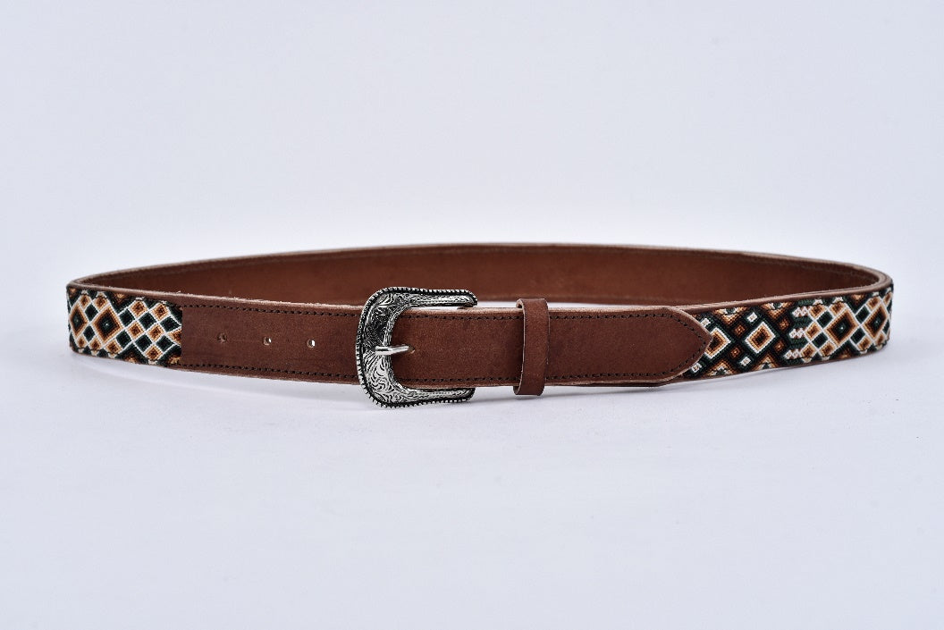 Engraved leather belt coffee beige green size 36 MODEL# 0801-CBG-36
