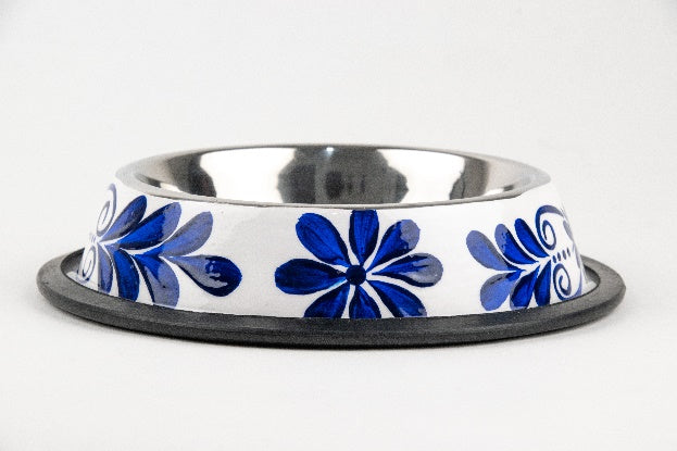 Hand-painted stainless steel pet dish white blue MODEL# 030405