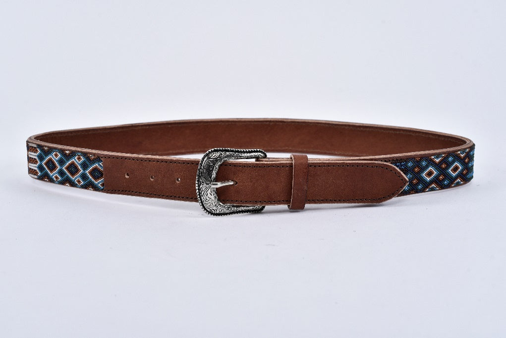 Engraved leather belt blue coffee beige size 32 MODEL# 0801-BCB-32