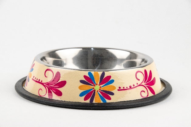 Hand-painted stainless steel pet dish flowery pink beige MODEL# 030410