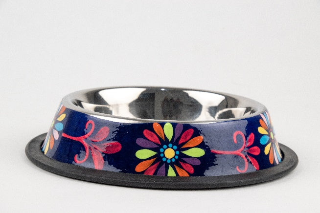 Hand-painted stainless steel pet dish flowery blue MODEL# 030411