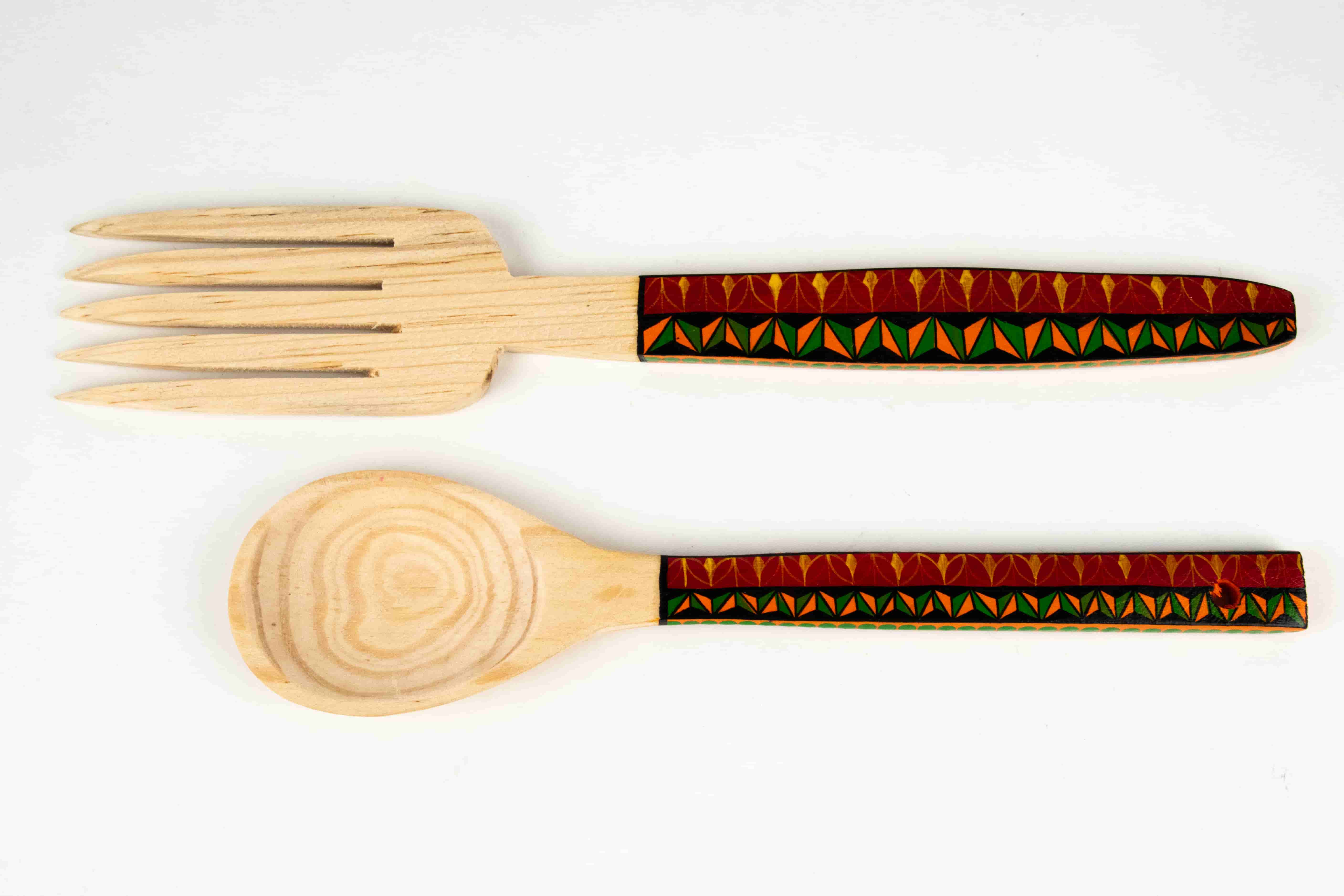 Hand-painted pine wood ladle and fork featuring Alebrije art – MODEL#0202